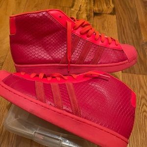 Adidas Sneakers Red, Leather, 9 1/2, Suede/ Snake skin Design High Top like New